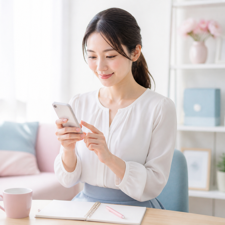 スマートフォンから応募手続きをする成人女性